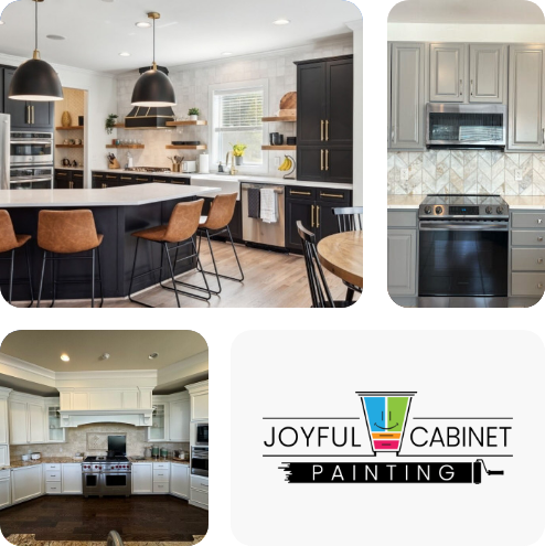 Collage of kitchens with Joyful Cabinet Painting logo